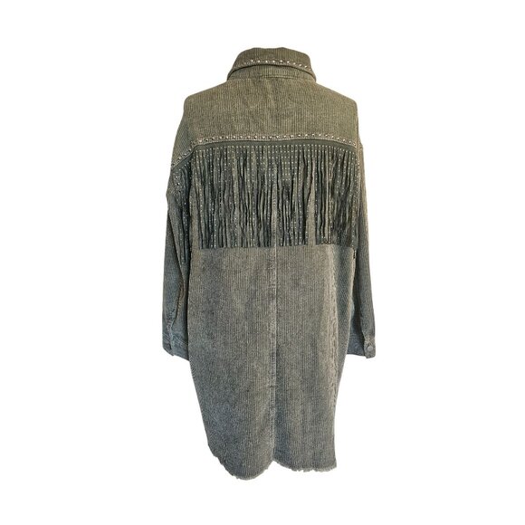 Studded Fringe Corduroy Jacket Green Snap Button Closure By Blue B Collection Si - Picture 3 of 15